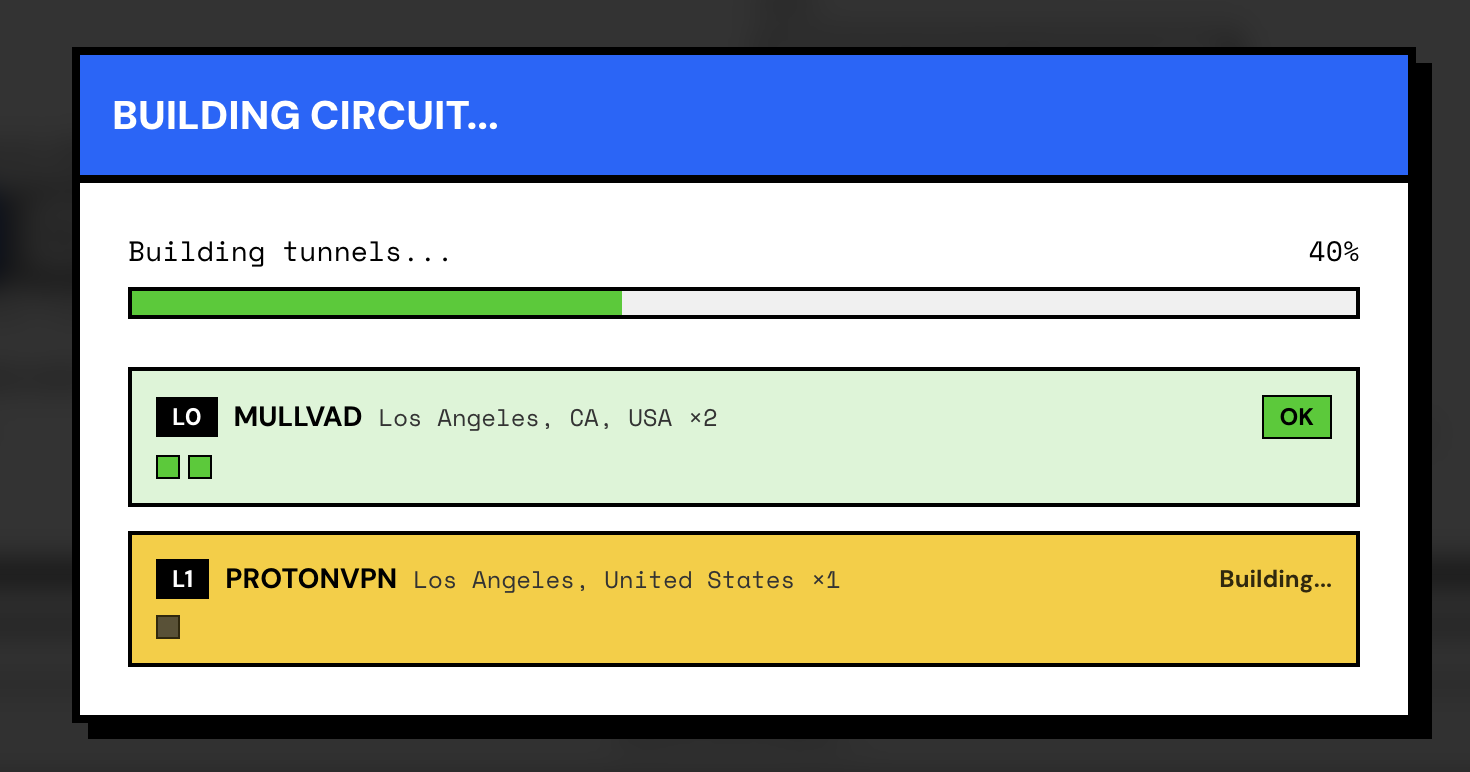 Wirebump building a multi-layer VPN circuit with real-time progress indicators