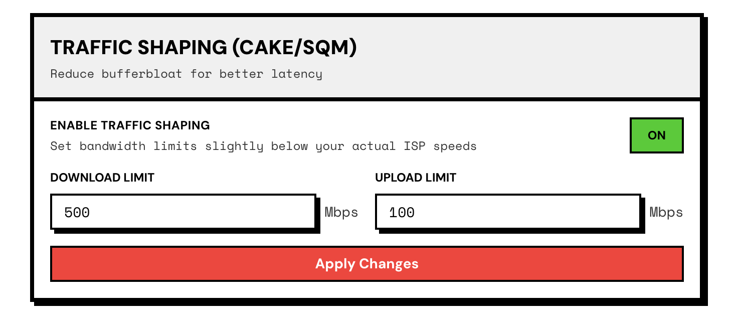 Traffic shaping settings panel